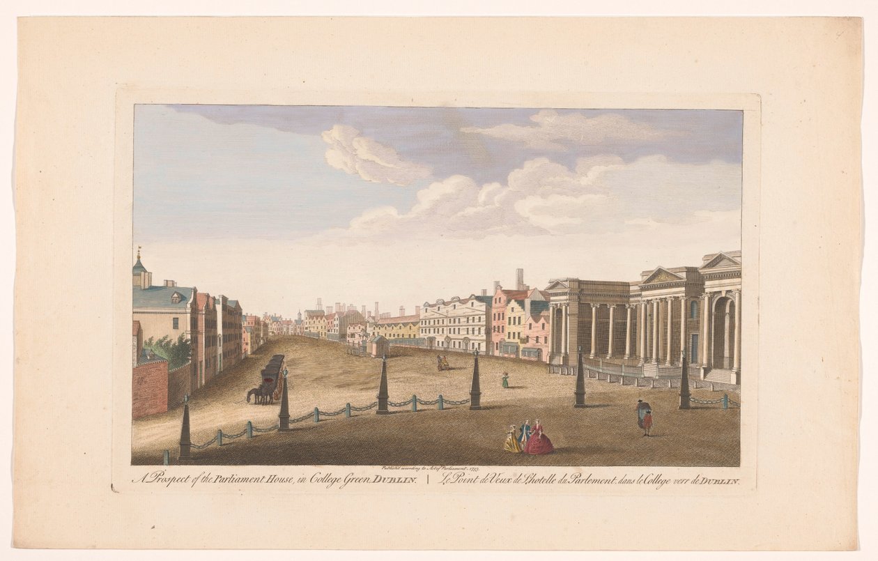 Gezicht op het House of Parliament aan het plein College Green te Dublin door Robert Sayer (possibly)