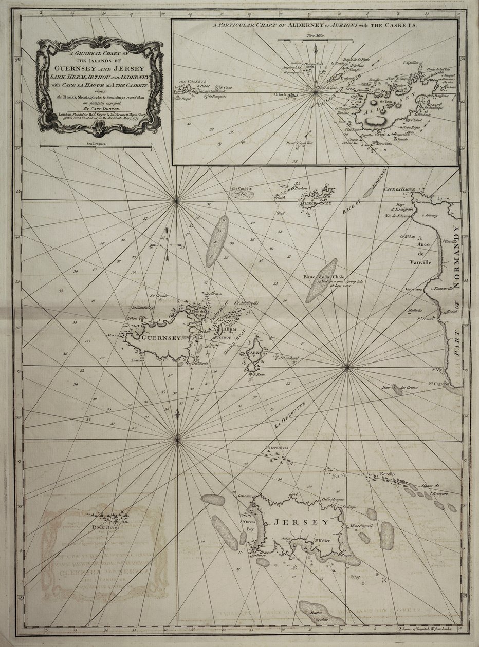Een algemene kaart van de eilanden Guernsey en Jersey, Sark, Herm, Jethou en Alderney, met Cape la Hague en de Caskets door Robert Sayer