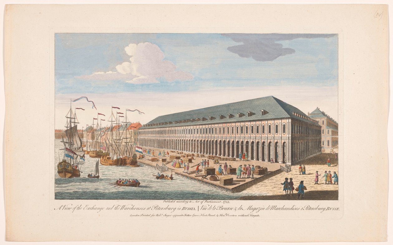 Gezicht op de Beurs en de goederenopslag te Sint-Petersburg door Robert Sayer