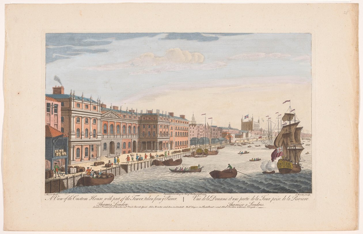 Gezicht op het Custom House aan de rivier de Theems te Londen door Robert Sayer