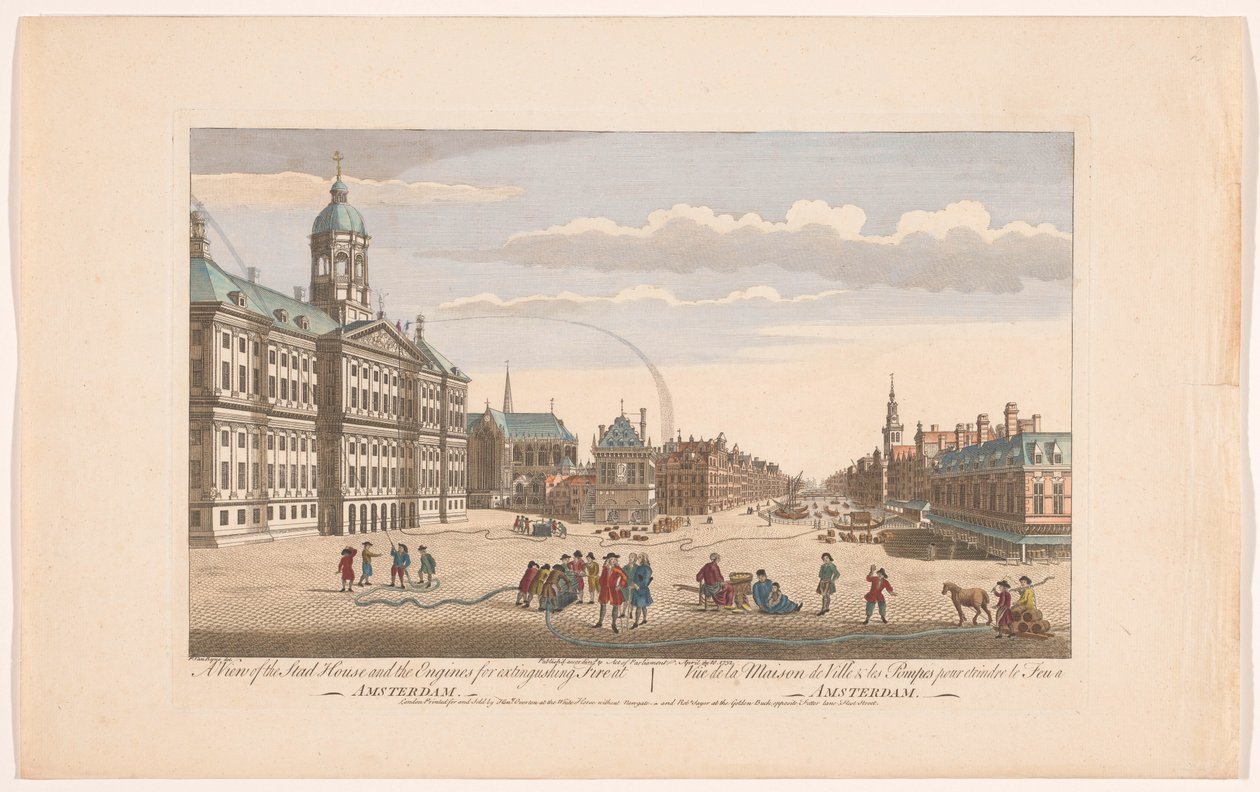 Gezicht op het Stadhuis te Amsterdam met brandweerlieden op de Dam door Robert Sayer
