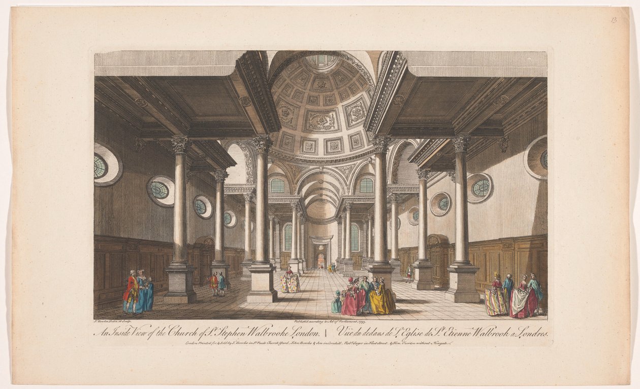 Gezicht op het interieur van de kerk Saint Stephen Walbrook te Londen door Robert Sayer