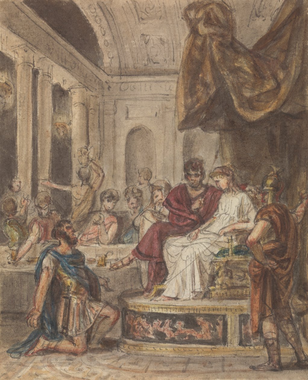 Banketscène, met een Romeinse soldaat die knielt voor een vrouwelijke figuur op een troon door Robert Smirke