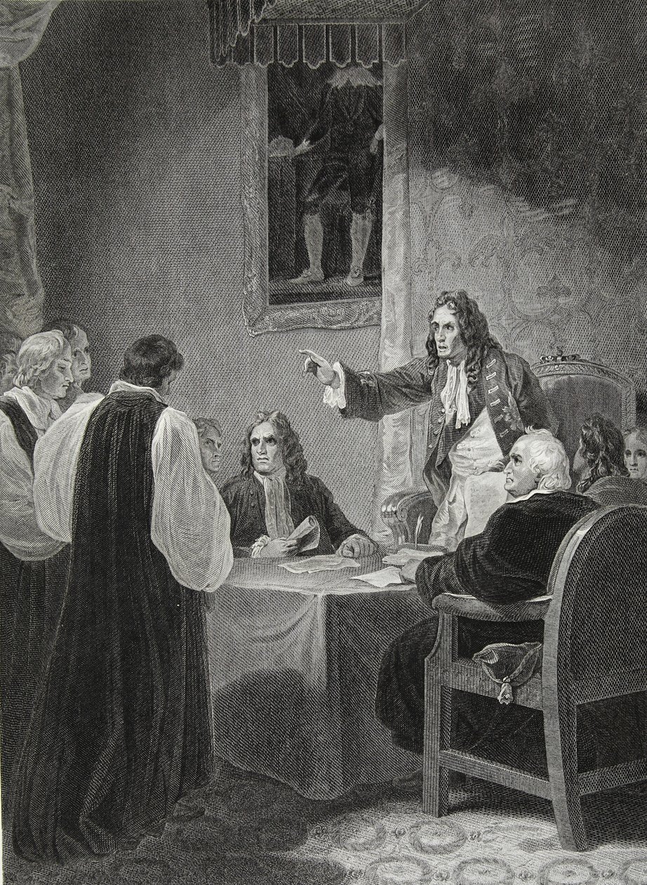 De bisschoppen voor de Privy Council, gegraveerd door George Noble, illustratie uit David Hume