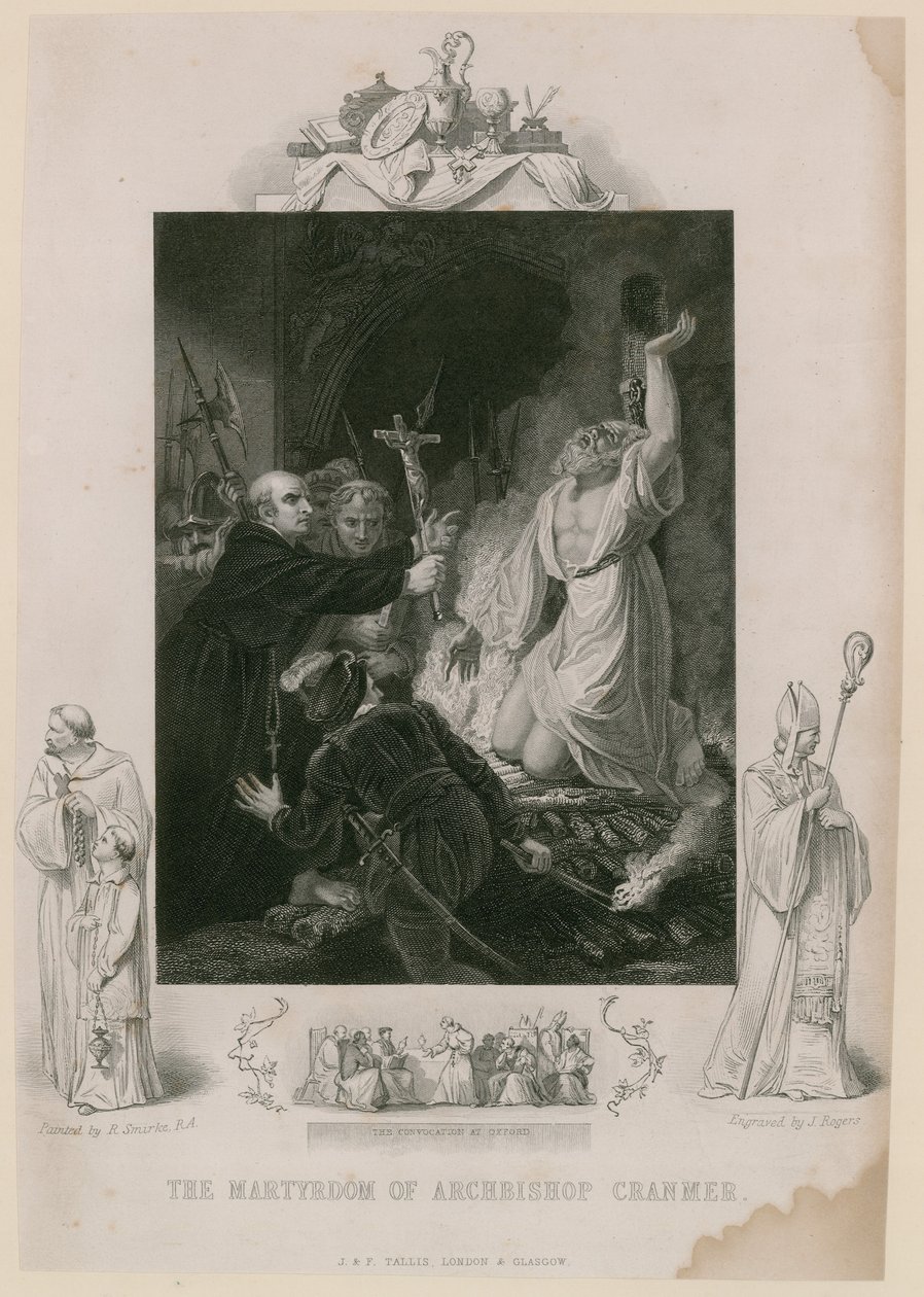 Het martelaarschap van aartsbisschop Cranmer (gravure) door Robert Smirke