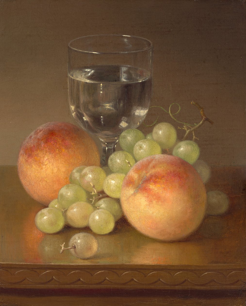 Stilleven, wijnglas, twee perziken, n.d. (olieverf op doek) door Robert Spear Dunning