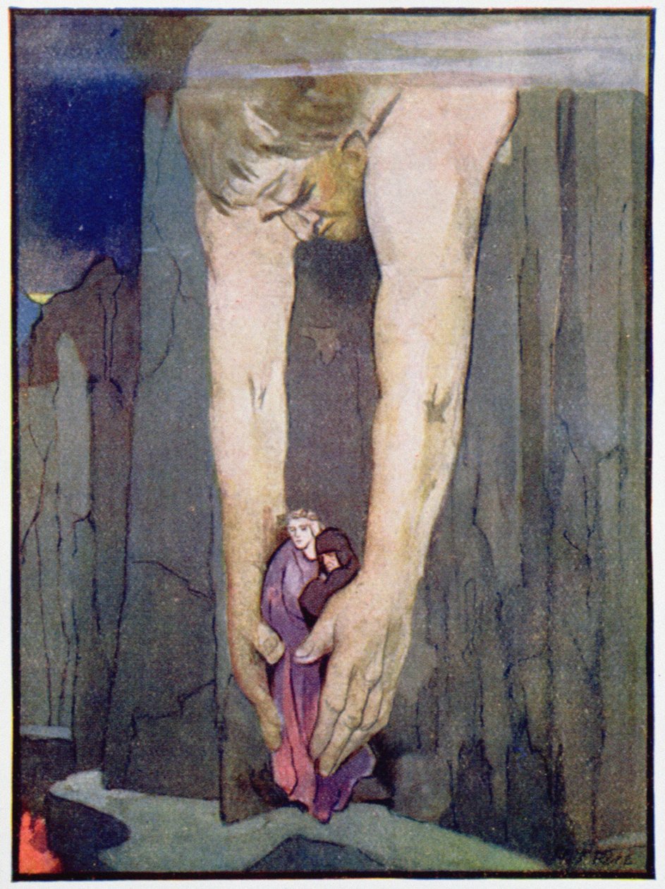 Antaeus zet Virgil en Dante neer in de laatste cirkel van de hel, ca. 1910 (kleur litho) door Robert Traill Rose