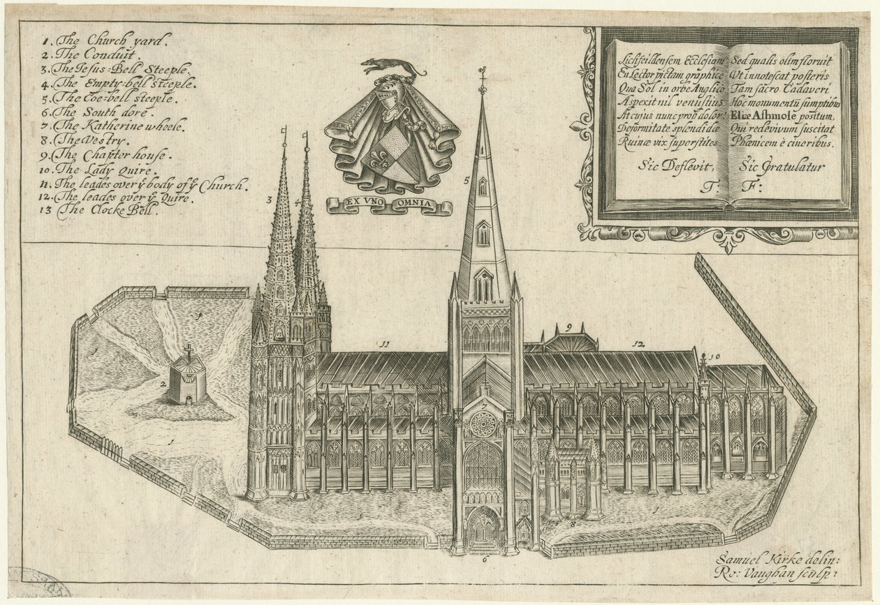Lichfield Kathedraal - Zuidzicht: kopergravure, nd [17e eeuw] door Robert Vaughan