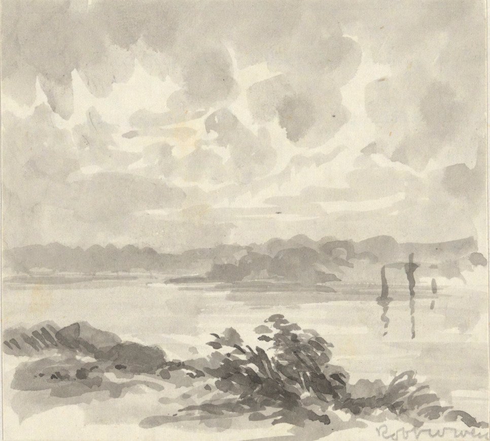 Landschap - Uitzicht op een meer en heuvels door Robert Walter Weir