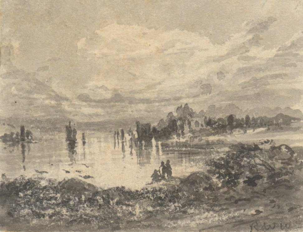 Uitzicht op meer en bergen met figuren door Robert Walter Weir