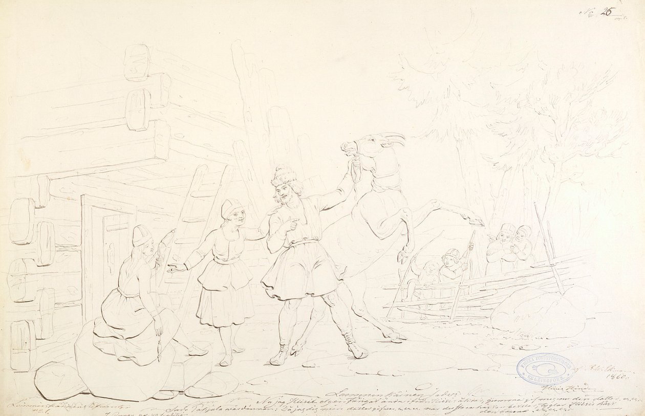 Lemminkäinen en Hiiden Hirvi ; Originele tekening voor de serie "Kalewala, Finsk National-dikt, framställd i teckningar af R.W.Ekman". door Robert Wilhelm Ekman