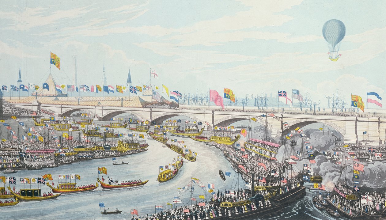 De Opening van de Nieuwe London Bridge, door Koning Willem IV en Koningin Adelaide, 1831 door Robert the Elder Havell