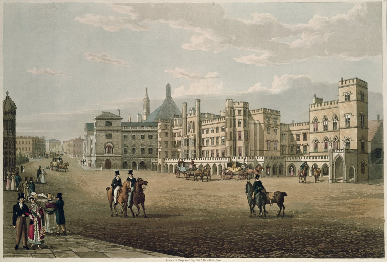 Uitzicht op het House of Lords en Commons, vanaf Old Palace Yard, uitgegeven 1821 door Colnaghi und Co. door Robert the Elder and Younger Havell