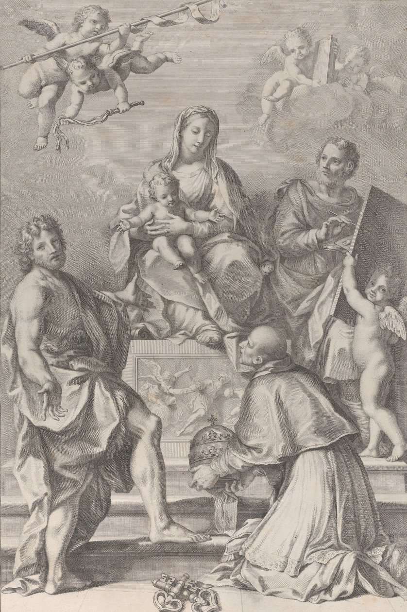 Madonna en kind met Sint Jan de Doper, Sint Lucas, paus Peter Celestini, 1694 door Robert van Audenaerde