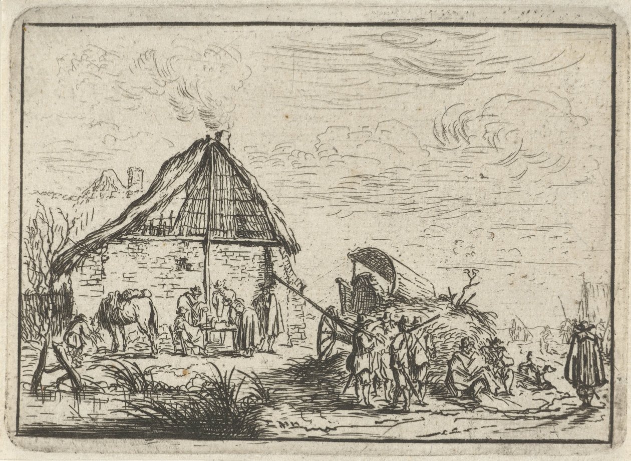 Soldaten bij een hooiberg door Robert van den Hoecke