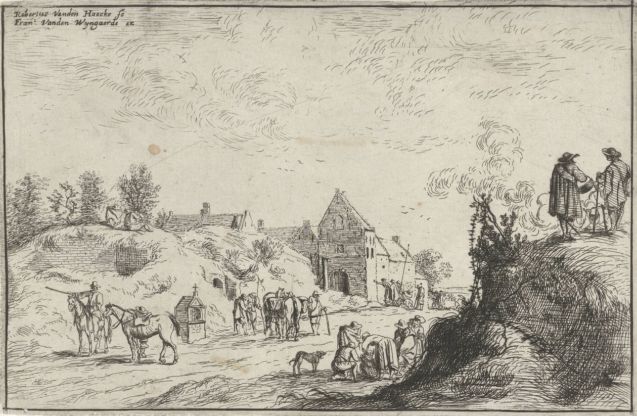 Vele figuren op een pad bij een dorp door Robert van den Hoecke