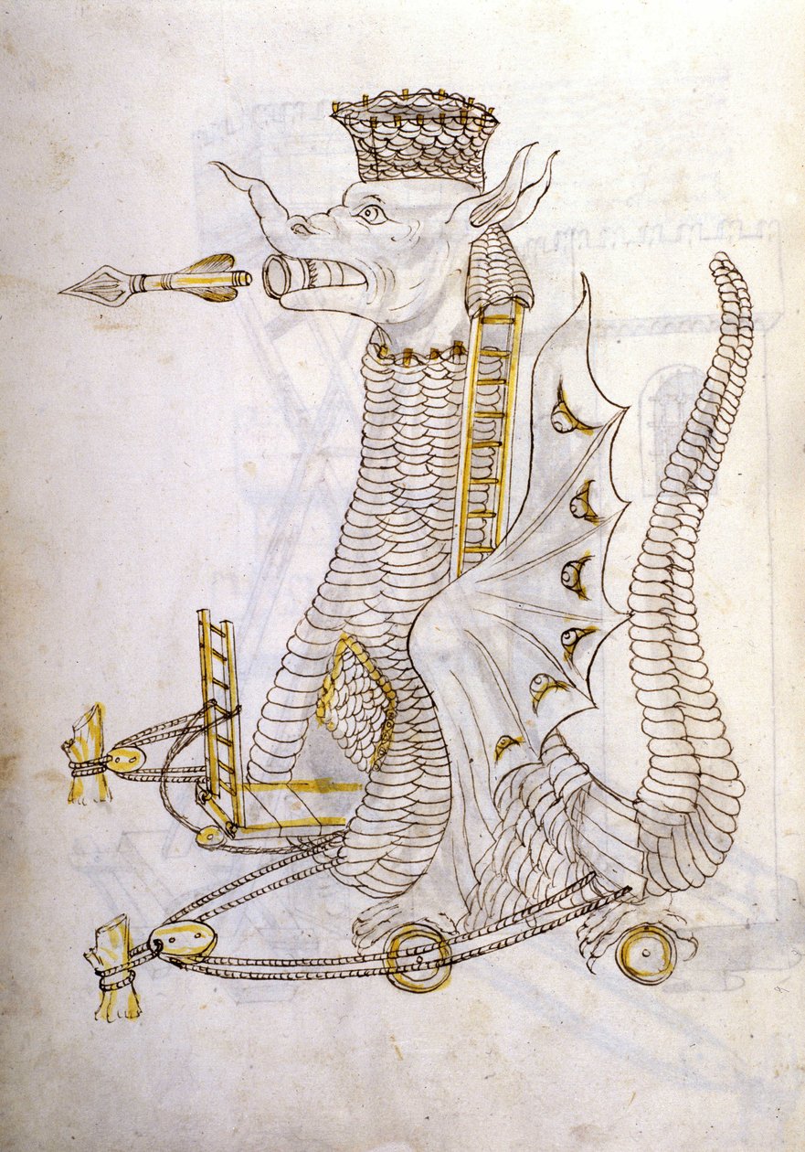 Arabische machine. Illustratie van een Arabische oorlogsmachine in de vorm van een draak met gigantische pijlen uit de mond. In 