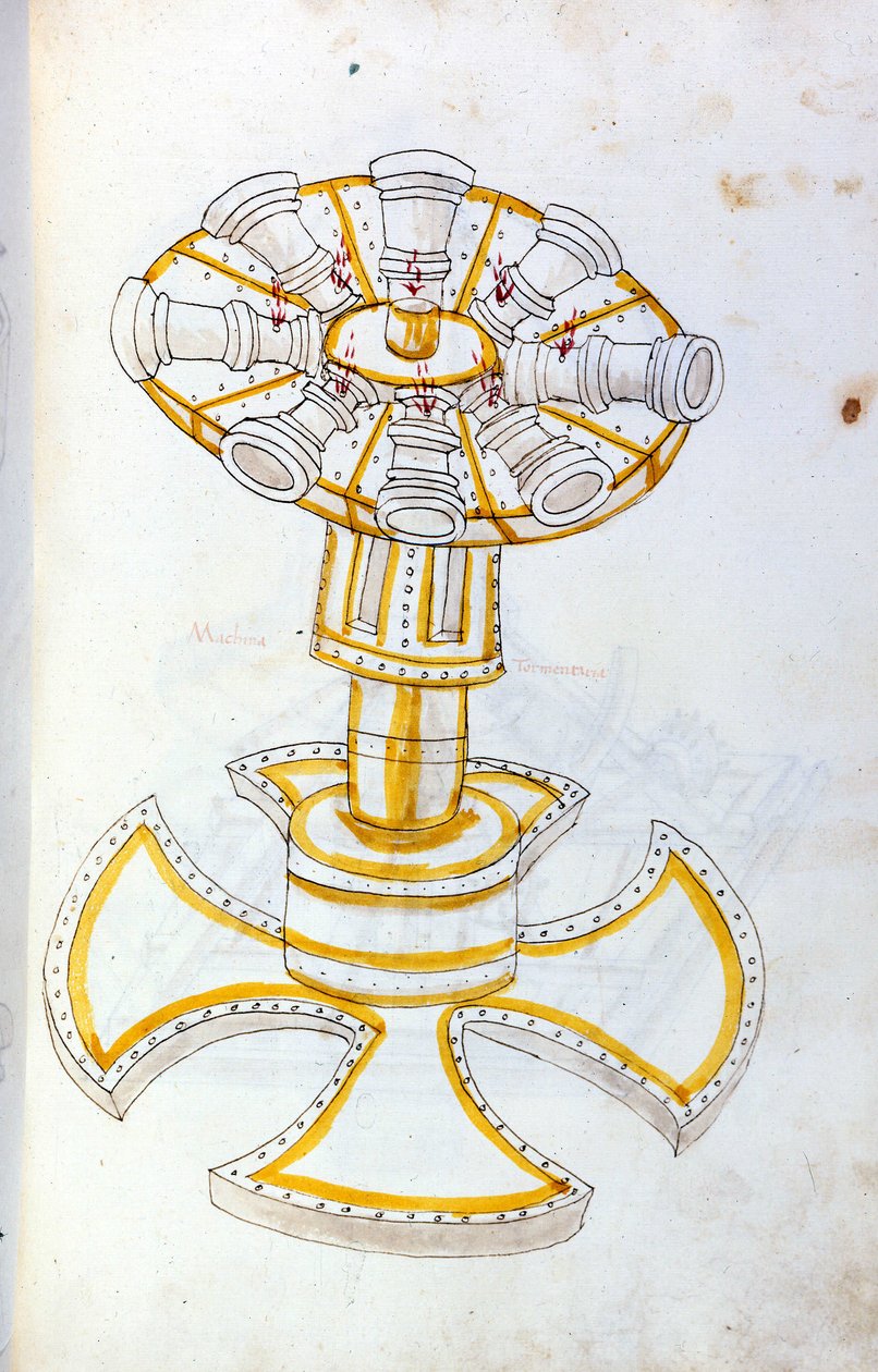 Kunst van de oorlog: studie over militaire machines. draaiend kanon, illustratie uit 