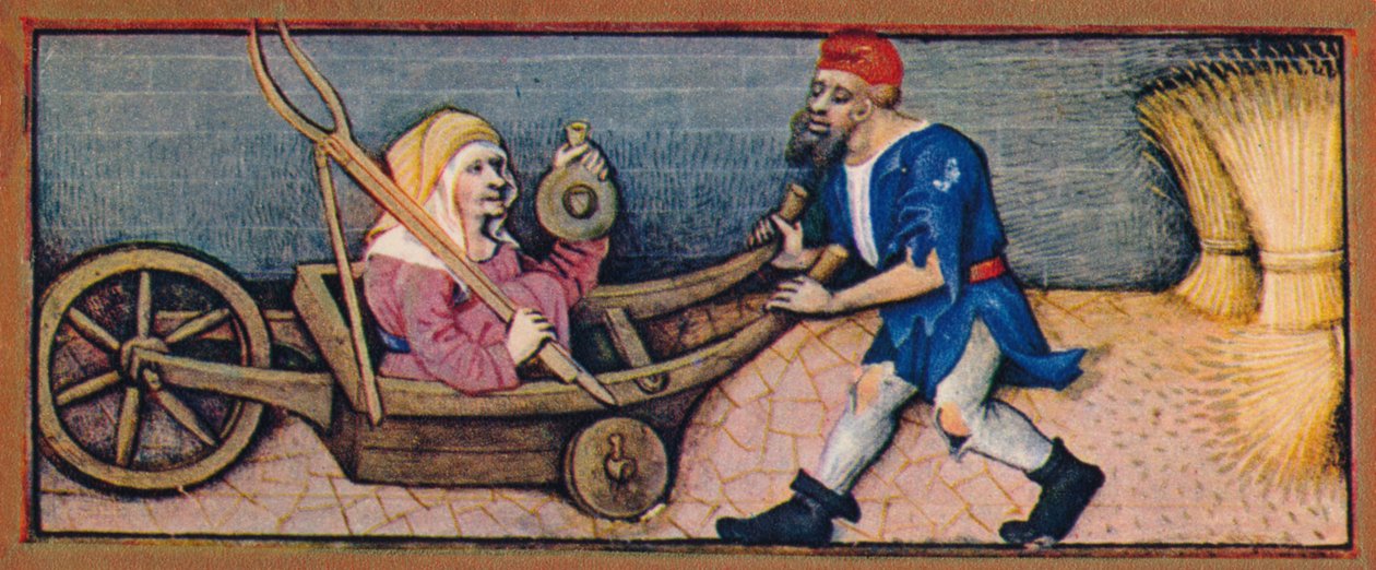 Augustus - oude vrouw in kruiwagen, 15e eeuw, 1939 door Robinet Testard