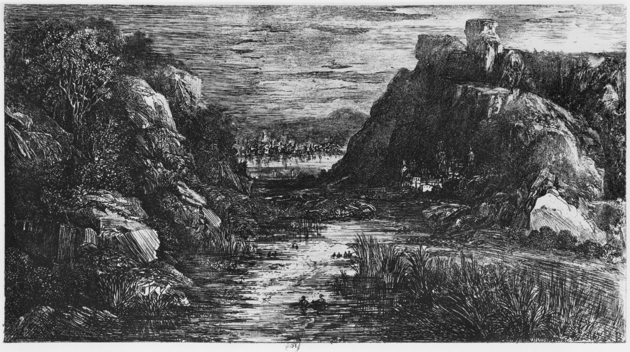 Landschap achter de kloof, 1871 door Rodolphe Bresdin