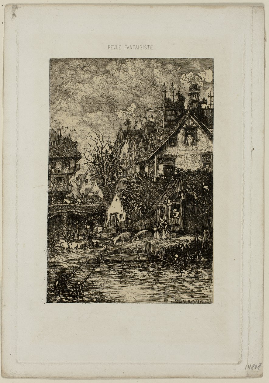 Een dorp binnenkomen, uit Revue Fantaisiste door Rodolphe Bresdin