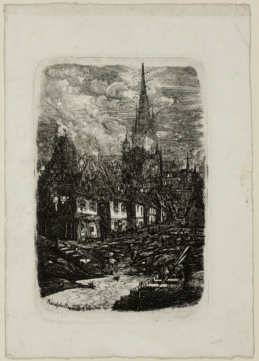 Vissershaven met puntige klokkentoren door Rodolphe Bresdin