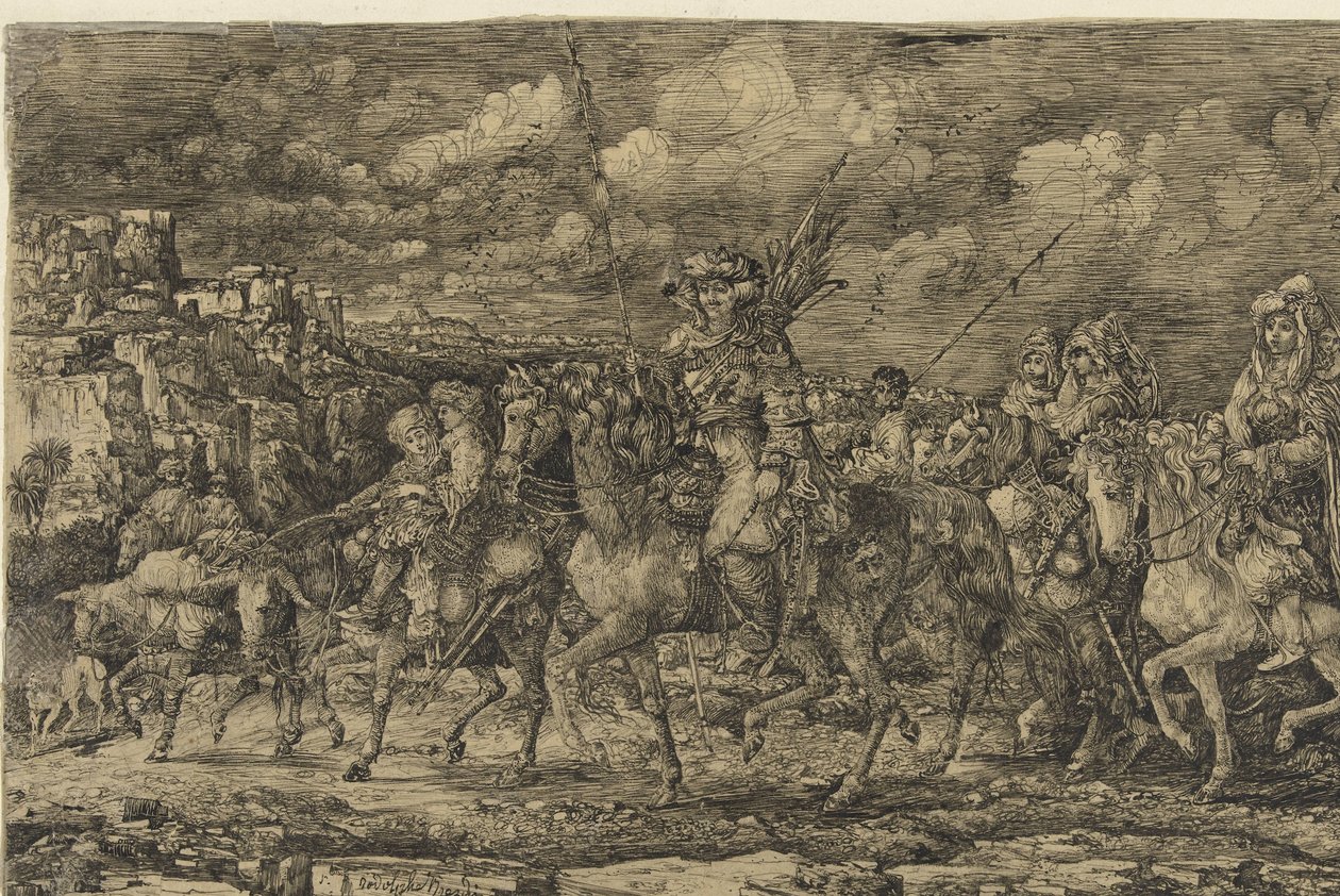 Hunnenkoning met zijn vrouwen omgeven door dienaren en vee, door een landschap rijdend door Rodolphe Bresdin