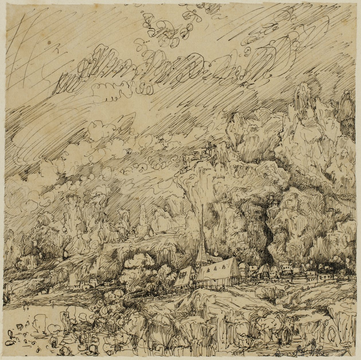 Landschap met een oude kerk door Rodolphe Bresdin