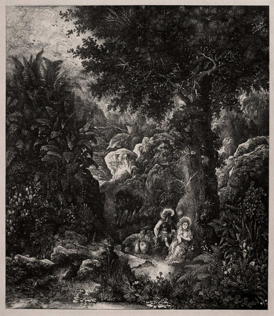Rust tijdens de vlucht naar Egypte met een gezadelde ezel, 1871 door Rodolphe Bresdin