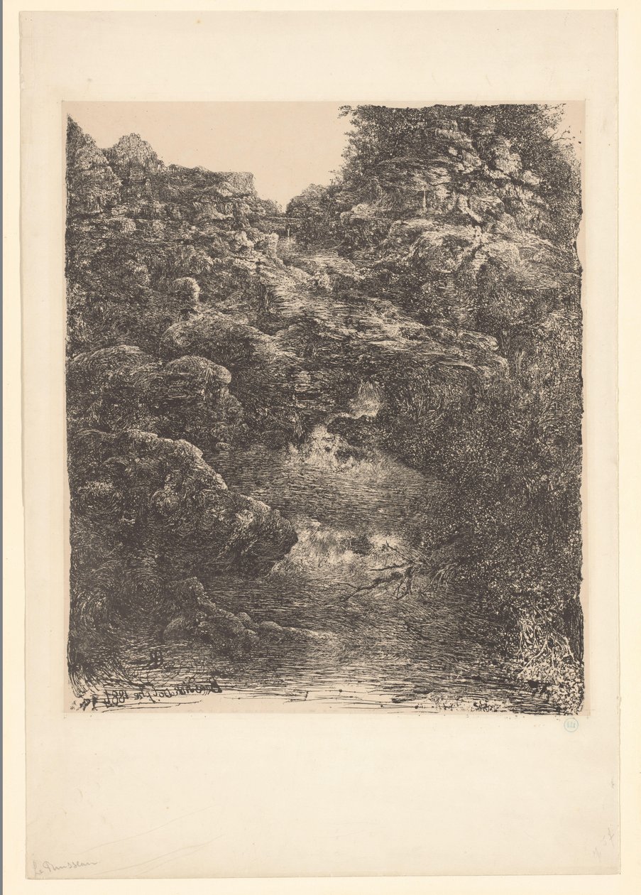 Rotslandschap met beek en waterval door Rodolphe Bresdin