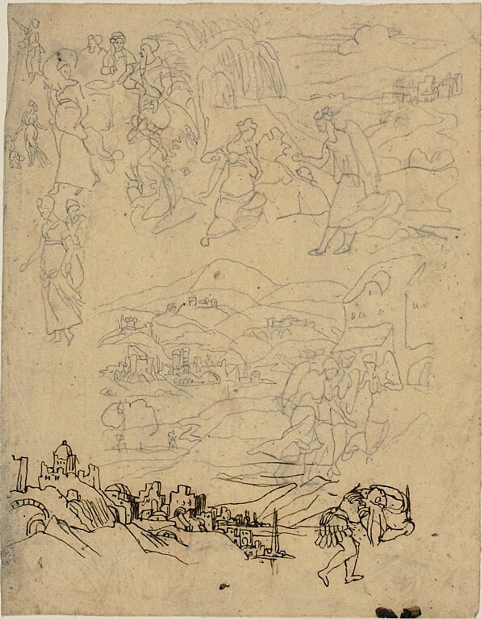 Schetsen van Bijbelse Taferelen, Stad aan het Meer, Bergdorp, Krijger door Rodolphe Bresdin