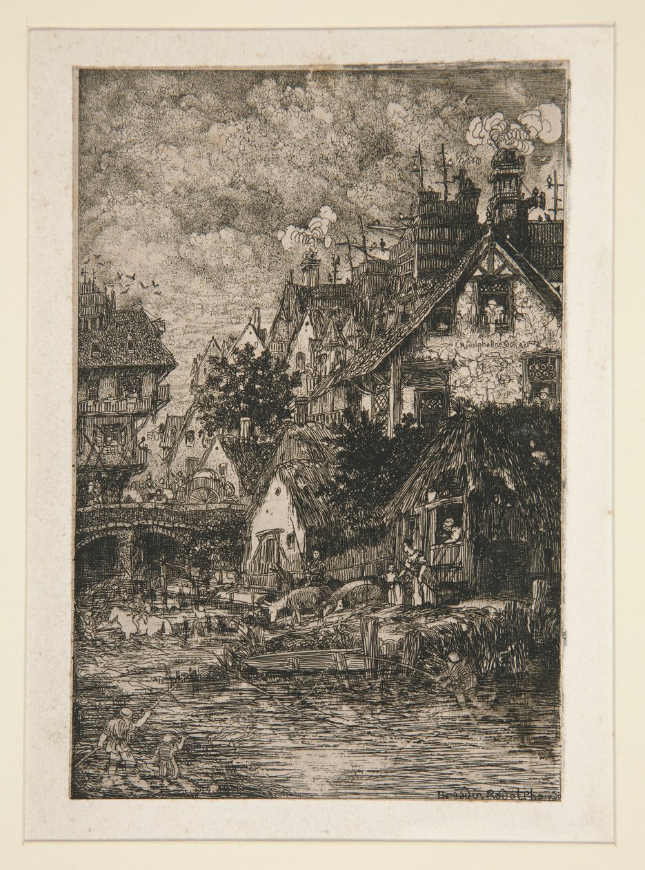 Dorp bij een stroom door Rodolphe Bresdin