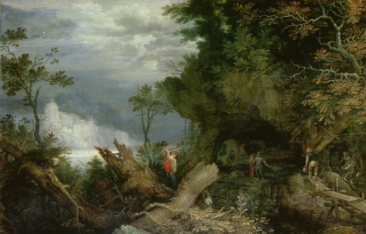 Een rotsachtig landschap met de ingang van een mijn door Roelandt Jacobsz. Savery