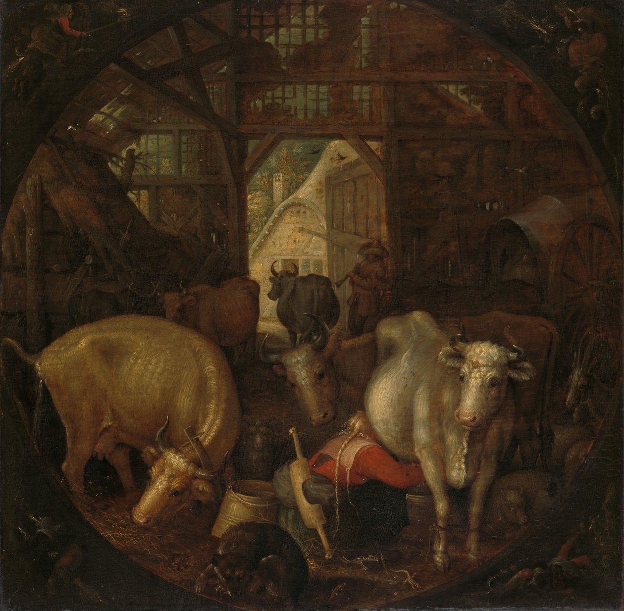 Koeien in een stal; Heksen in de vier hoeken door Roelandt Jacobsz. Savery