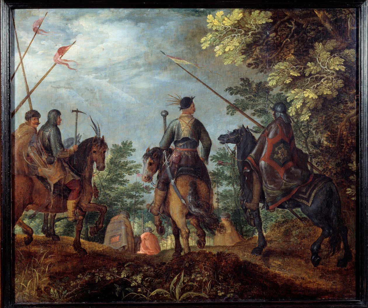Poolse ruiters wandelen in een bos. Schilderij door Roelant (Roelandt) Savery (1576-1639) door Roelandt Jacobsz. Savery