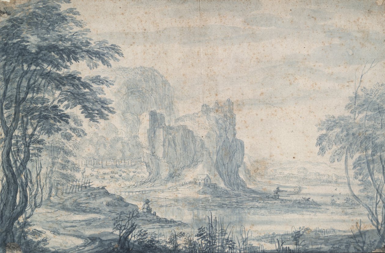 Landschap met Visser en Eendenjager door Roelandt Savery