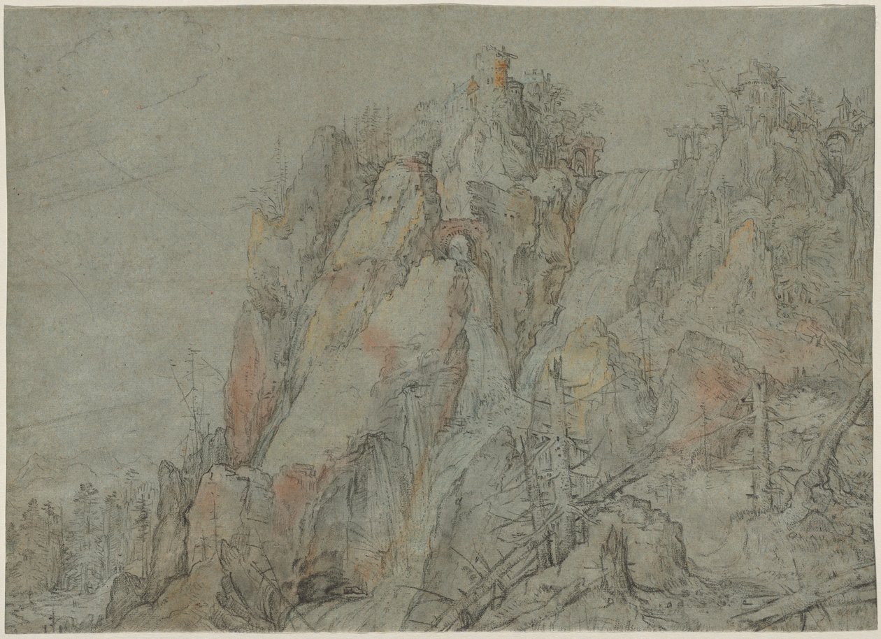 Bergachtig Landschap met Kastelen en Watervallen door Roelandt Savery