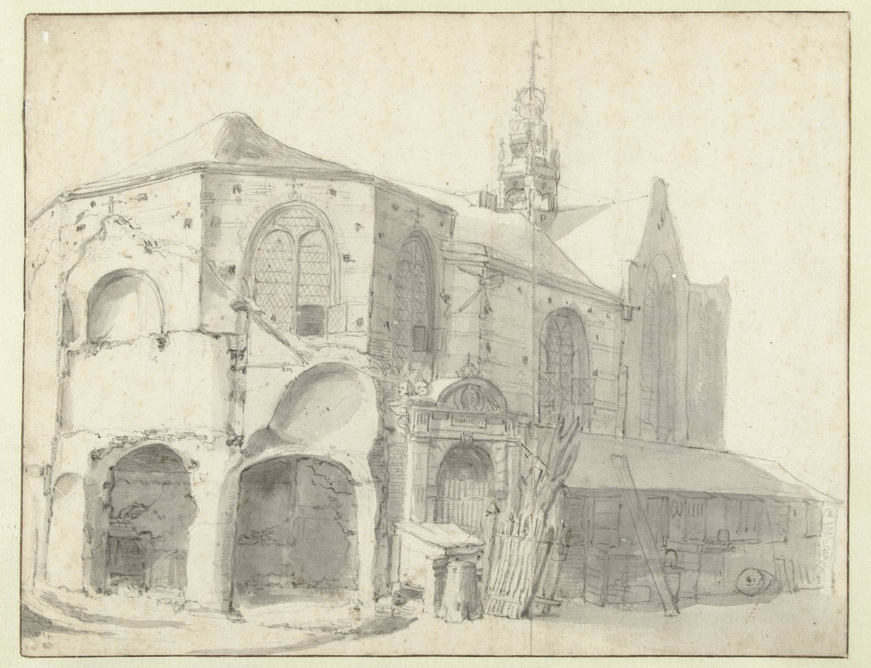 Gezicht op de Jeruzalemkapel en de Sint Olofskapel, Amsterdam door Roelant Roghman (attributed to)