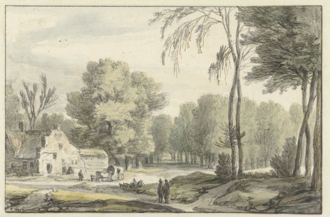 Landschap met een reiswagen voor een boerderij door Roelant Roghman