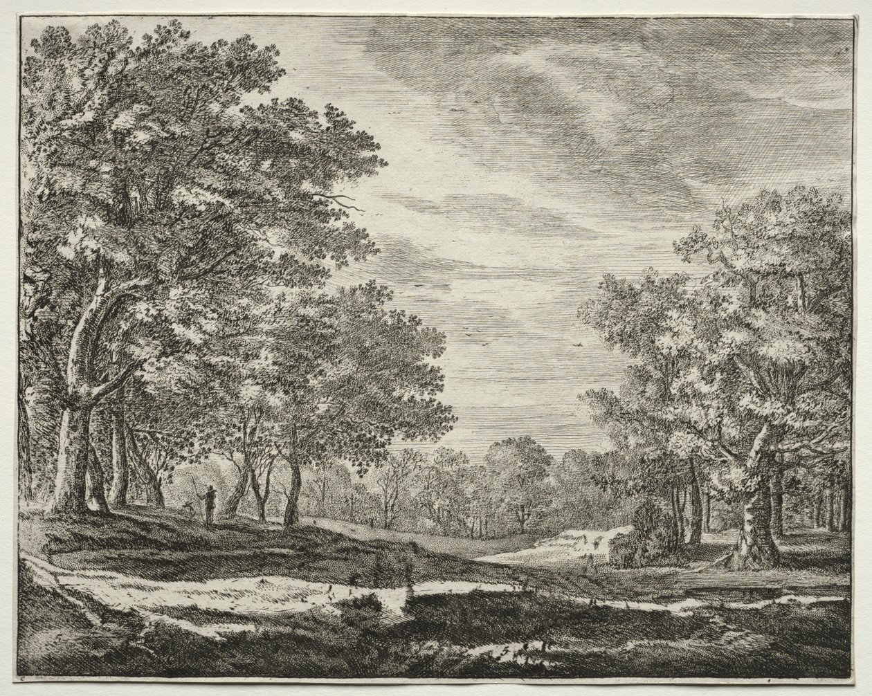 Zes uitzichten in het bos van Den Haag: Een man met een staf in zijn hand door Roelant Roghman