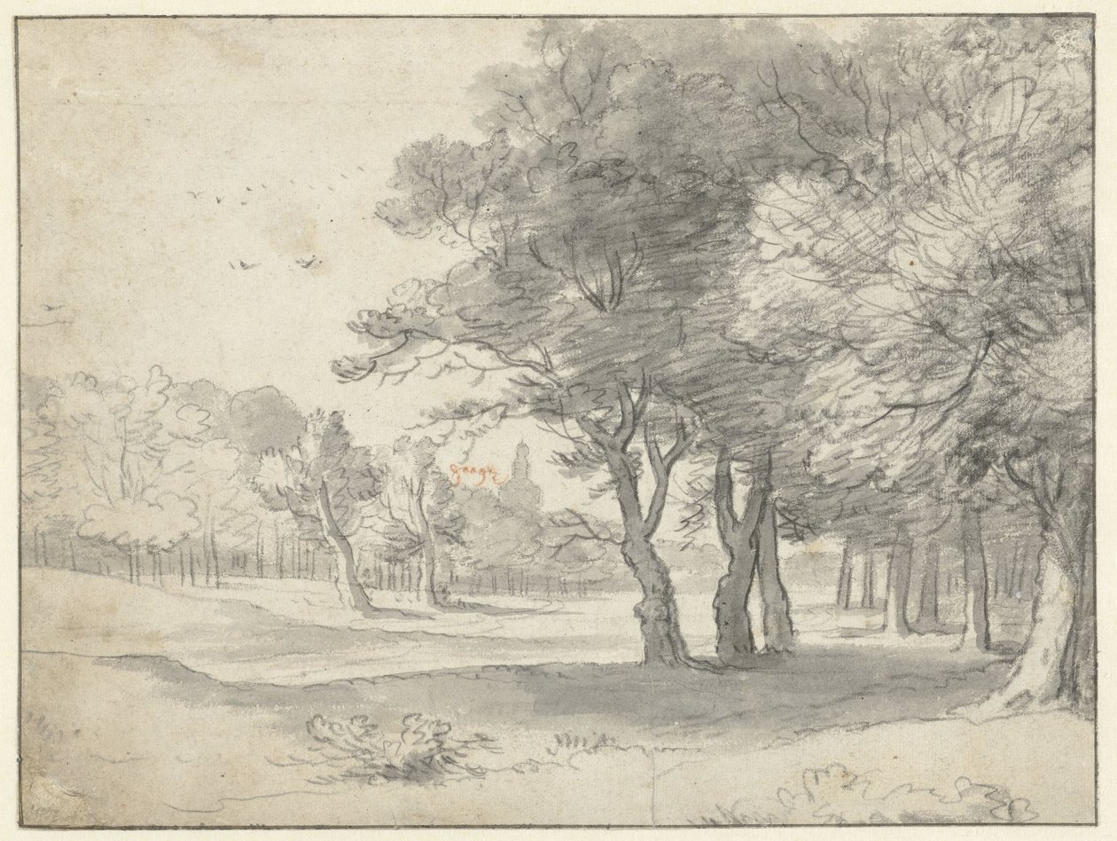 Gezicht in het Haagse Bos, met de Grote Kerk, Den Haag, in de verte door Roelant Roghman