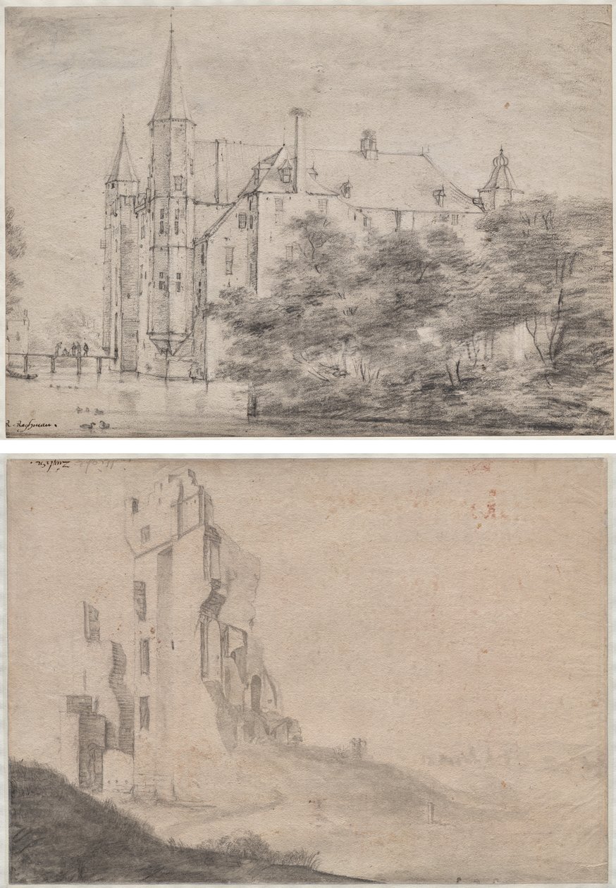 Kasteel Zuylen bij Utrecht (recto)/Ruïne van het huis Ter Kleef bij Haarlem (verso) door Roelant Roghman
