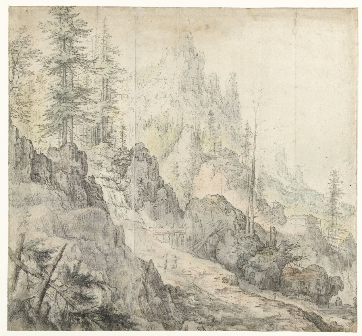 Berglandschap met waterval door Roelant Savery