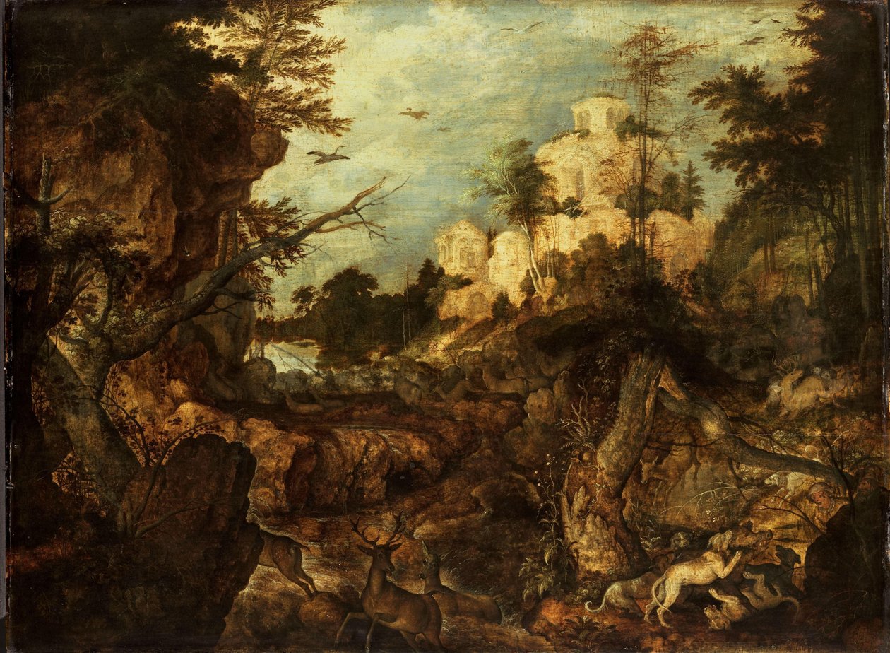 Wilde zwijnenjacht in een rotsachtig landschap door Roelant Savery