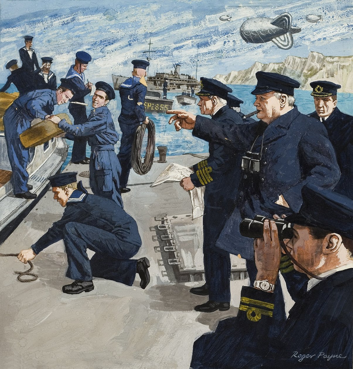 Winston Churchill (1874-1965) in marinescène (gouache op papier) door Roger Payne