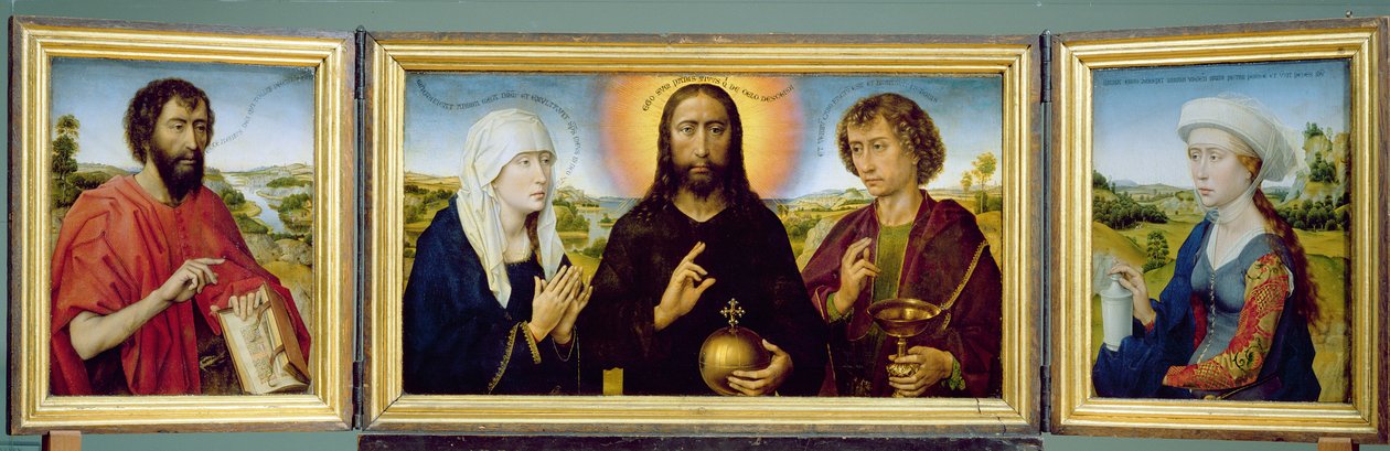 Het Braque-familietriptiek, St. Johannes de Doper, Christus de Verlosser tussen de Maagd en St. Johannes de Evangelist, St. Maria Magdalena, ca. 1551 door Rogier van der Weyden