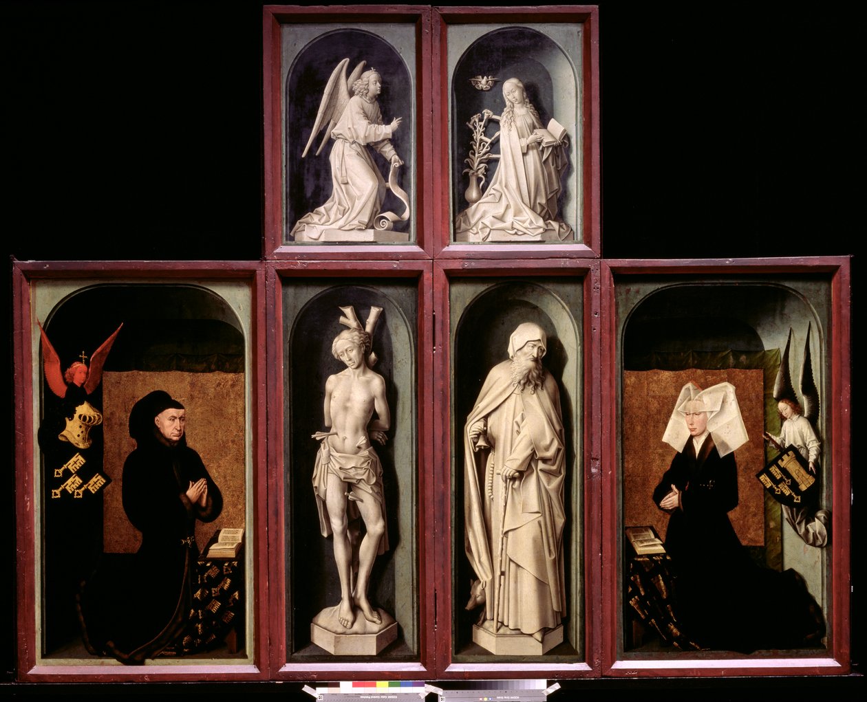 Het Laatste Oordeel wanneer gesloten, met de donateurs kanselier Nicholas Rolin en zijn vrouw, Guigone de Salins, De Annunciatie, St. Sebastiaan en St. Antonius de Grote, c.1445-50 door Rogier van der Weyden