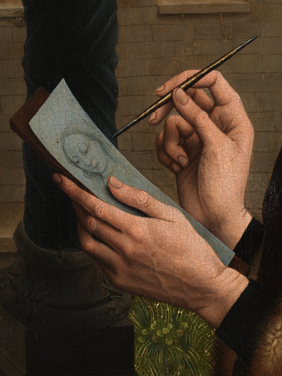 Detail van Sint Lucas tekent het portret van de Maagd door Rogier van der (after) Weyden