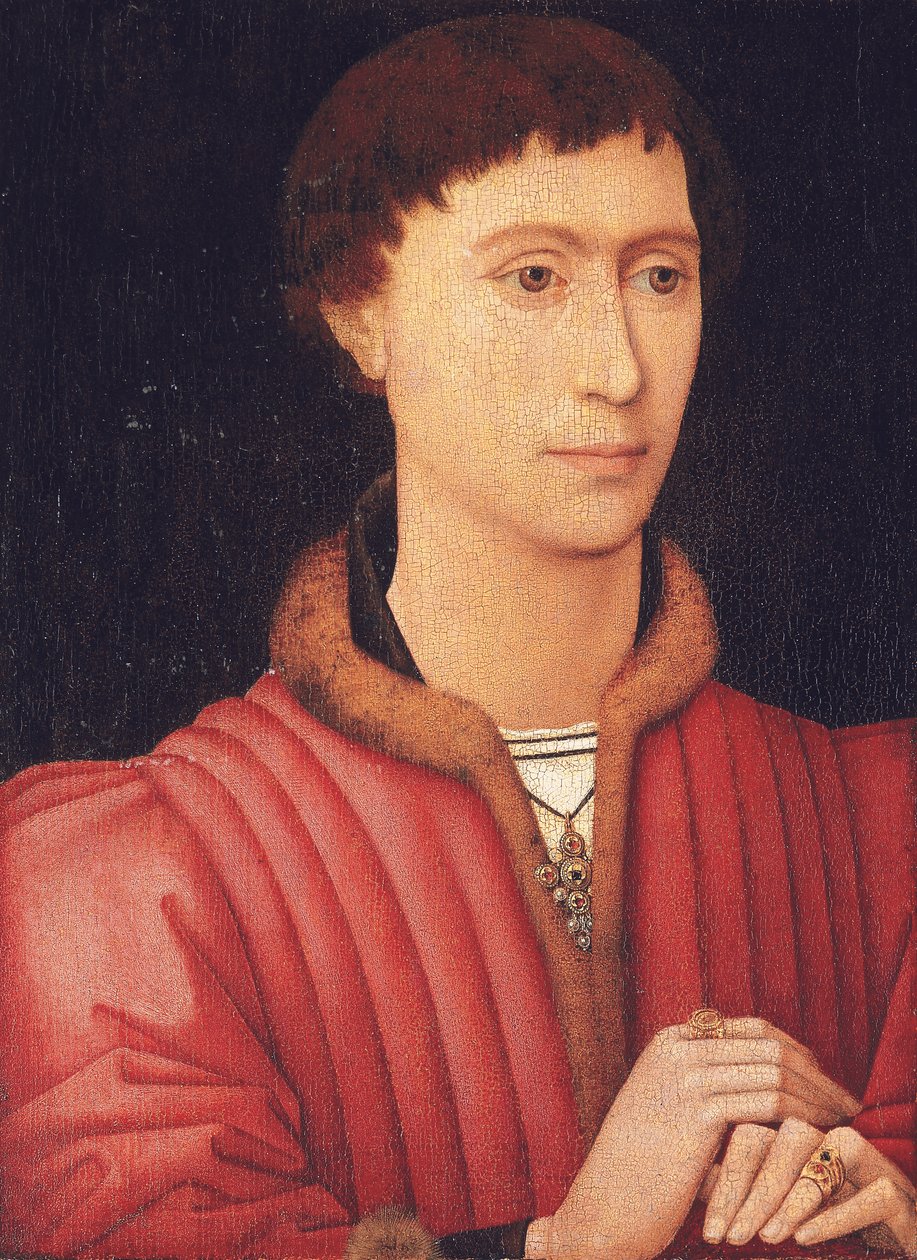 Portret van een jonge man, buste-lengte, in een met bont afgezet rood wambuis, ca. 1450-60 door Rogier van der (circle of) Weyden
