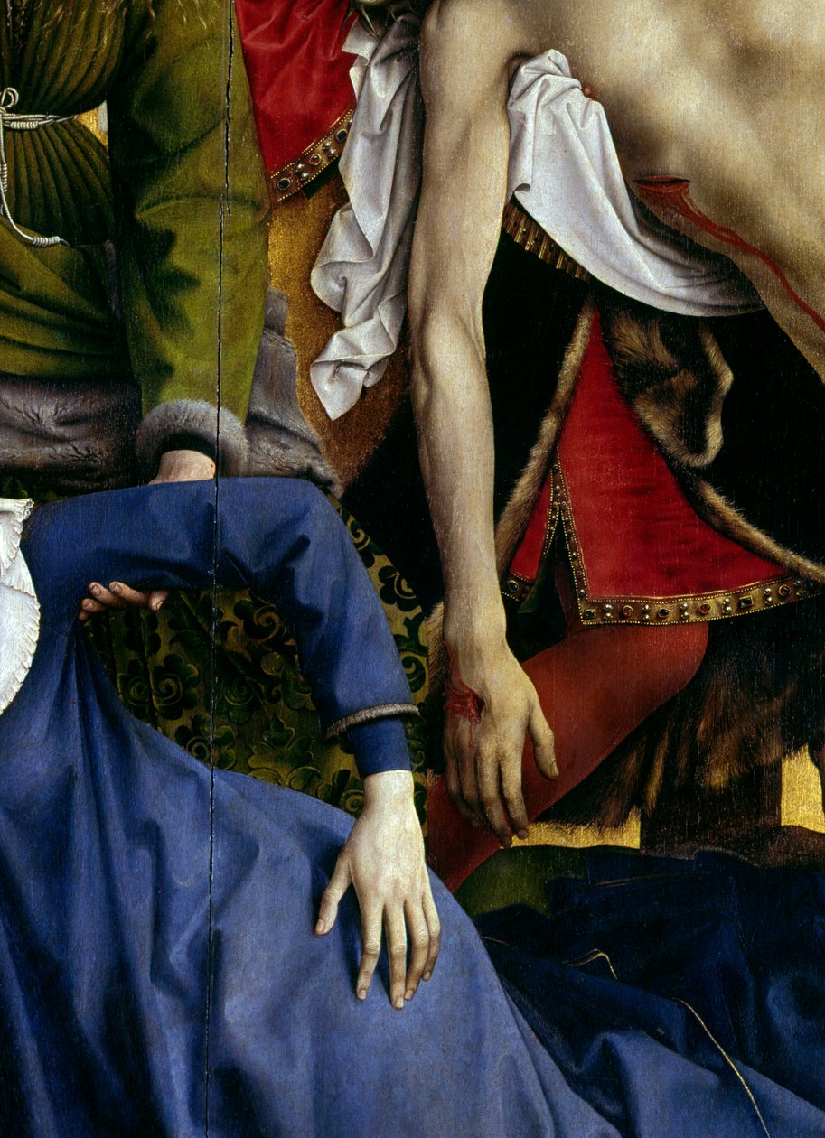 Kruisafneming. Detail van de hand van de verdwenen maagd en van de hand van Christus. Rogier Altaarstuk (Roger) Van Der Weyden (1400-1464) 1435 (detail) door Rogier van der Weyden